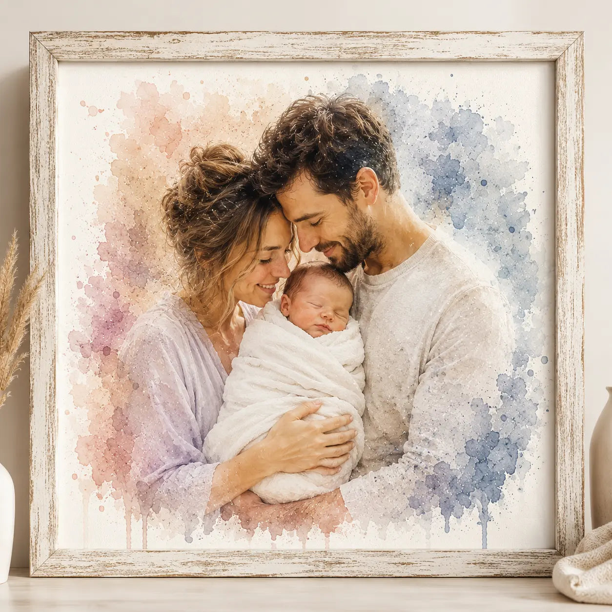 Welcome Baby Keepsake Artwork Personalised Newborn Watercolour Portrait from Photo