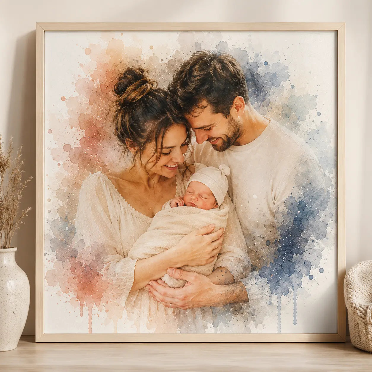 Welcome Baby Keepsake Artwork Personalised Newborn Watercolour Portrait from Photo