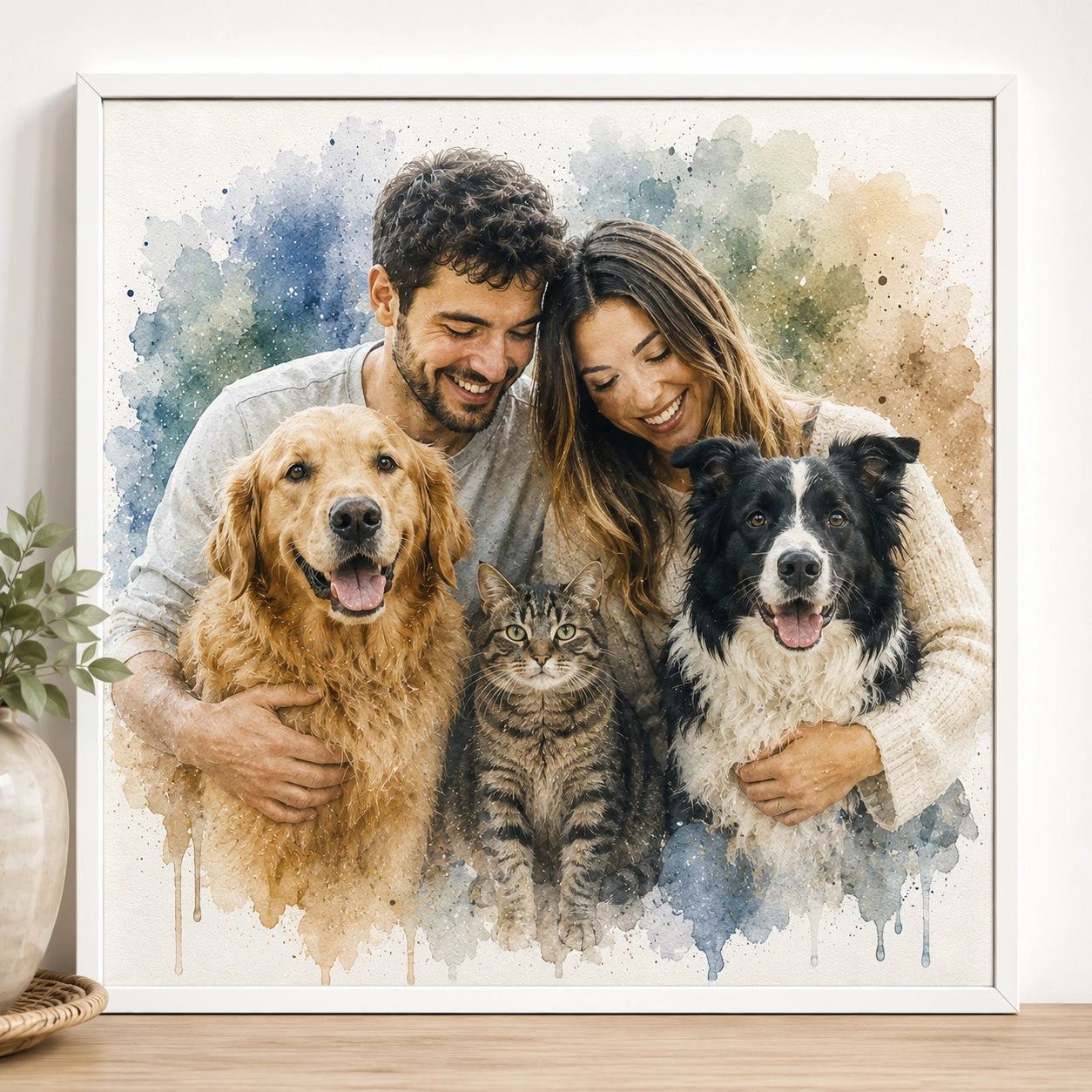 Custom Multi Pet Watercolour Portrait from Photo Personalised Dog and Cat Family Pet Artwork
