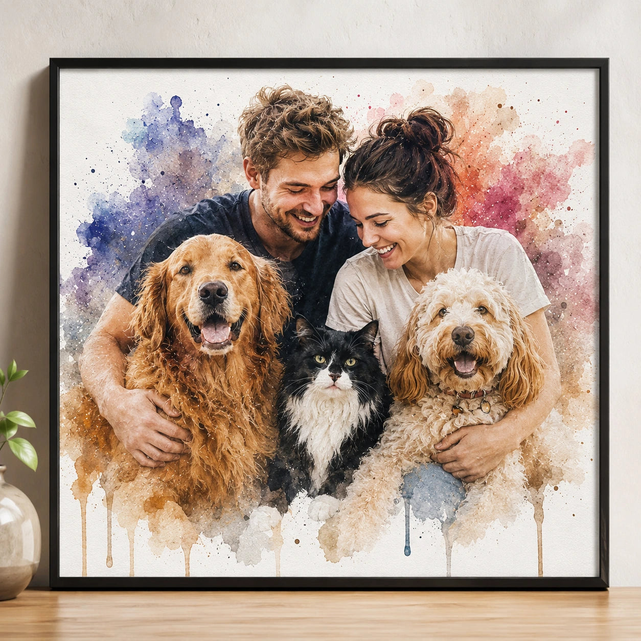 Custom Multi Pet Watercolour Portrait from Photo Personalised Dog and Cat Family Pet Artwork