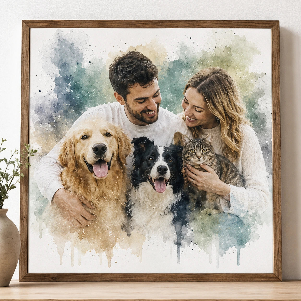 Custom Multi Pet Watercolour Portrait from Photo Personalised Dog and Cat Family Pet Artwork