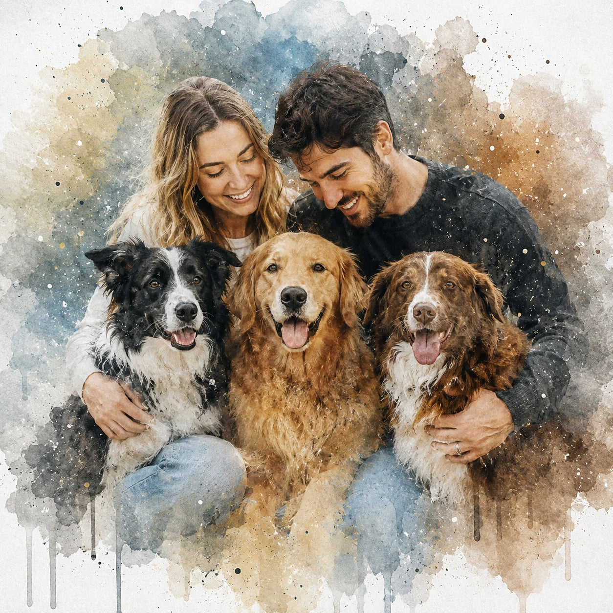 Custom Multi Pet Watercolour Portrait from Photo Personalised Dog and Cat Family Pet Artwork
