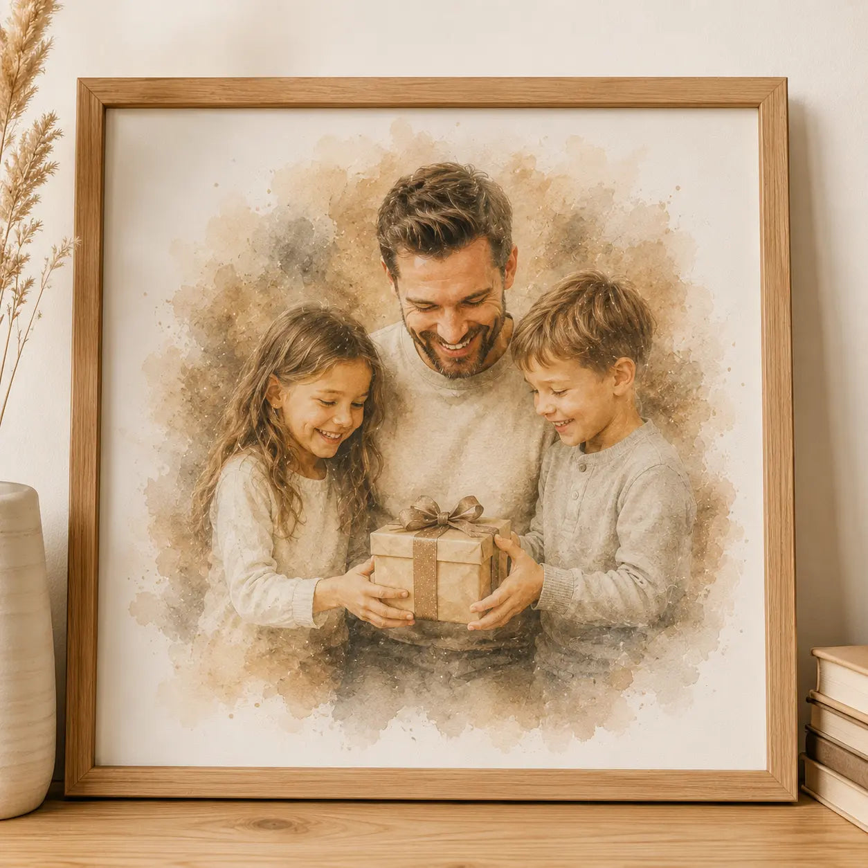 Gift for Dad from Kids Personalised Watercolour Family Portrait from Photo