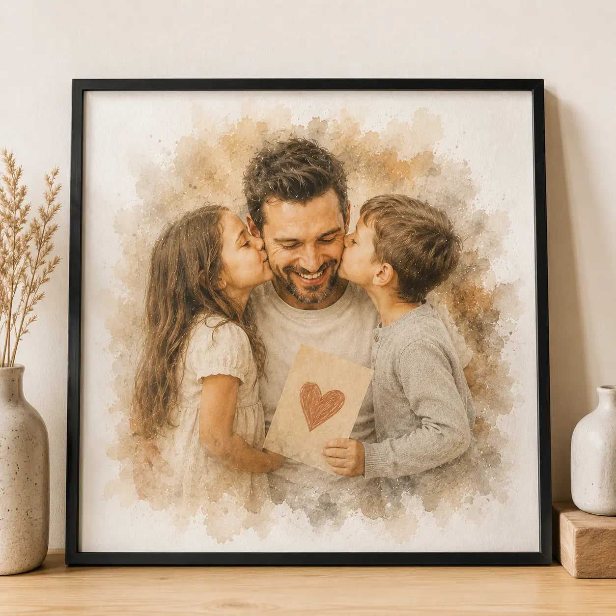 Gift for Dad from Kids Personalised Watercolour Family Portrait from Photo