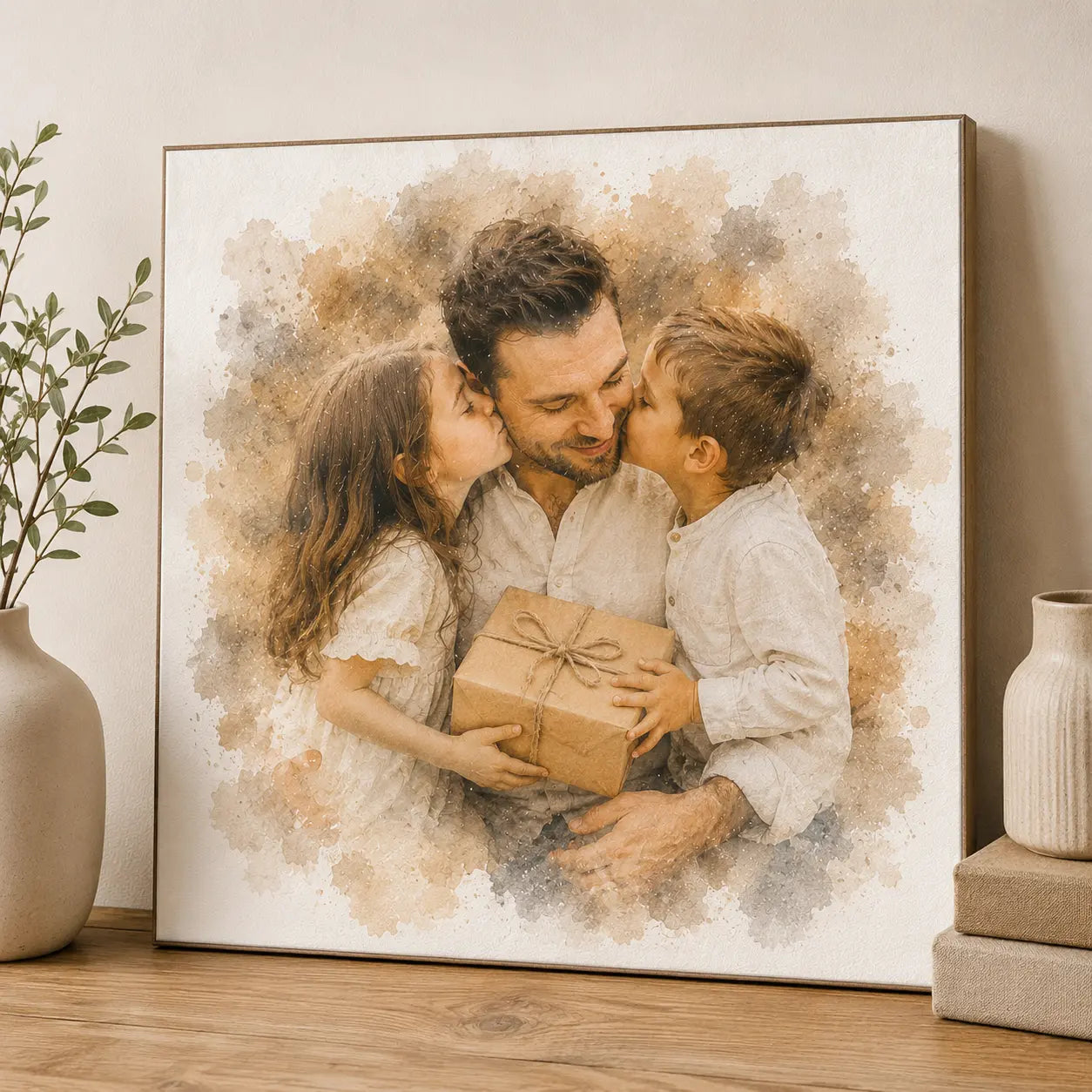 Gift for Dad from Kids Personalised Watercolour Family Portrait from Photo