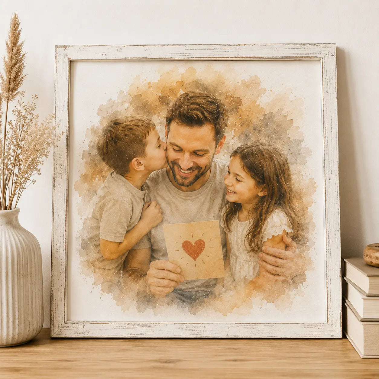 Gift for Dad from Kids Personalised Watercolour Family Portrait from Photo