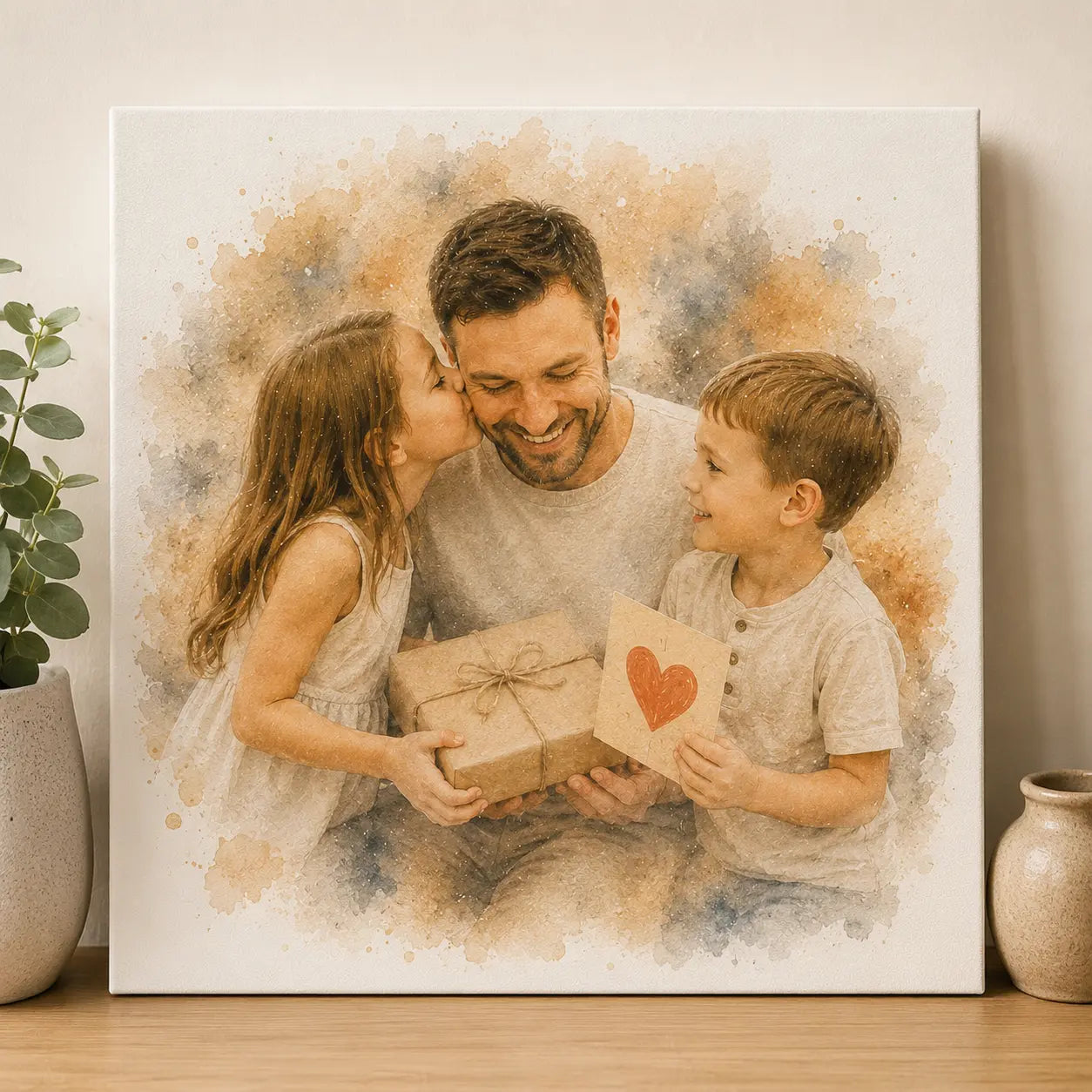Gift for Dad from Kids Personalised Watercolour Family Portrait from Photo