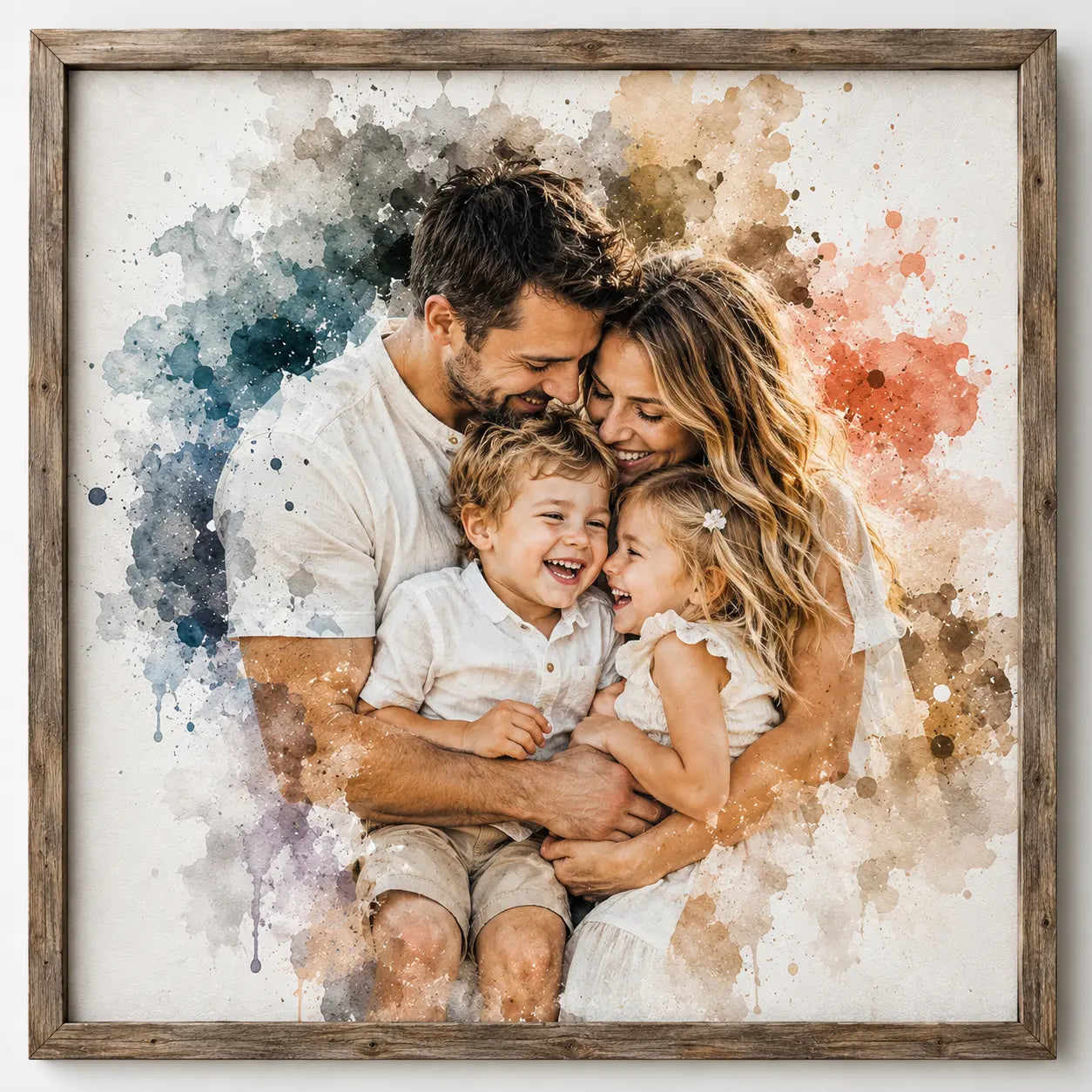 Playful Premium Family Portrait from Photo Personalised Watercolour Family Artwork