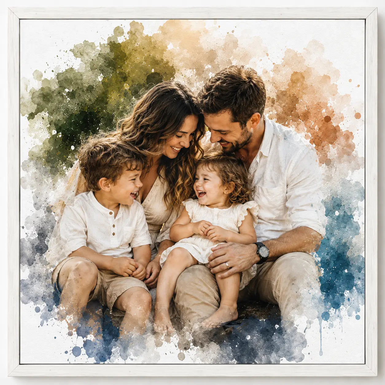 Playful Premium Family Portrait from Photo Personalised Watercolour Family Artwork