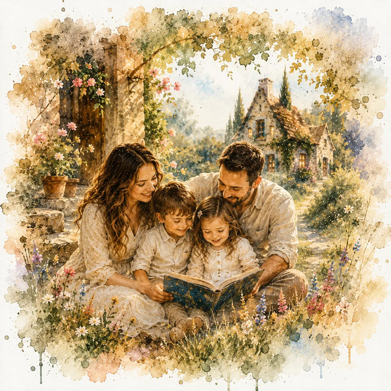 Magical Storybook Family Portrait from Photo Personalised Fairytale Watercolour Artwork