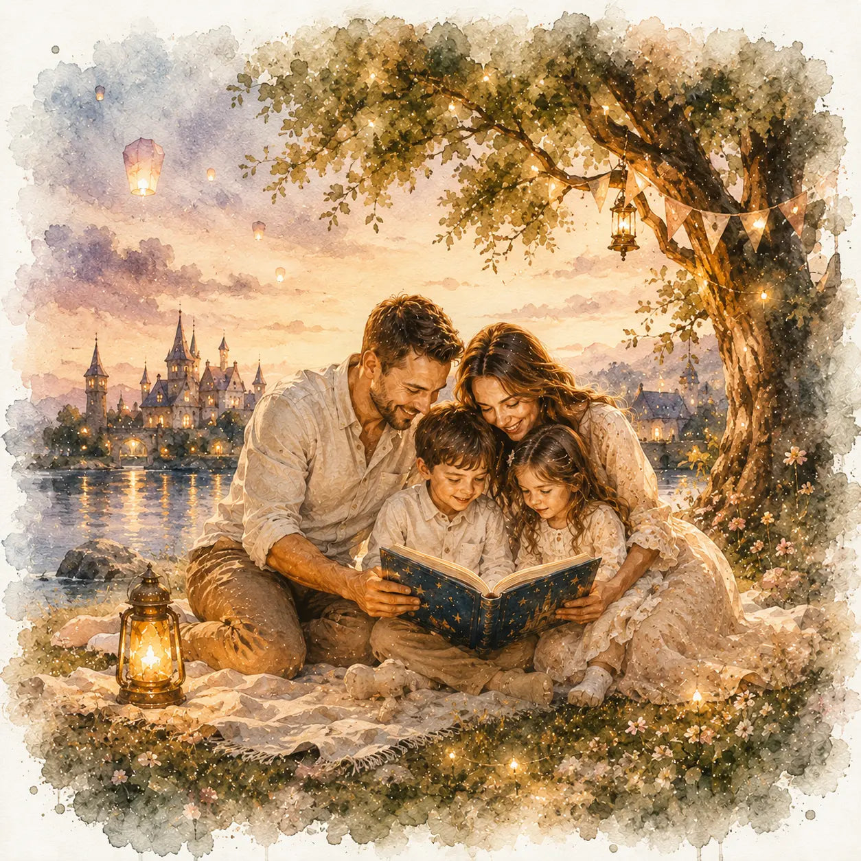 Magical Storybook Family Portrait from Photo Personalised Fairytale Watercolour Artwork