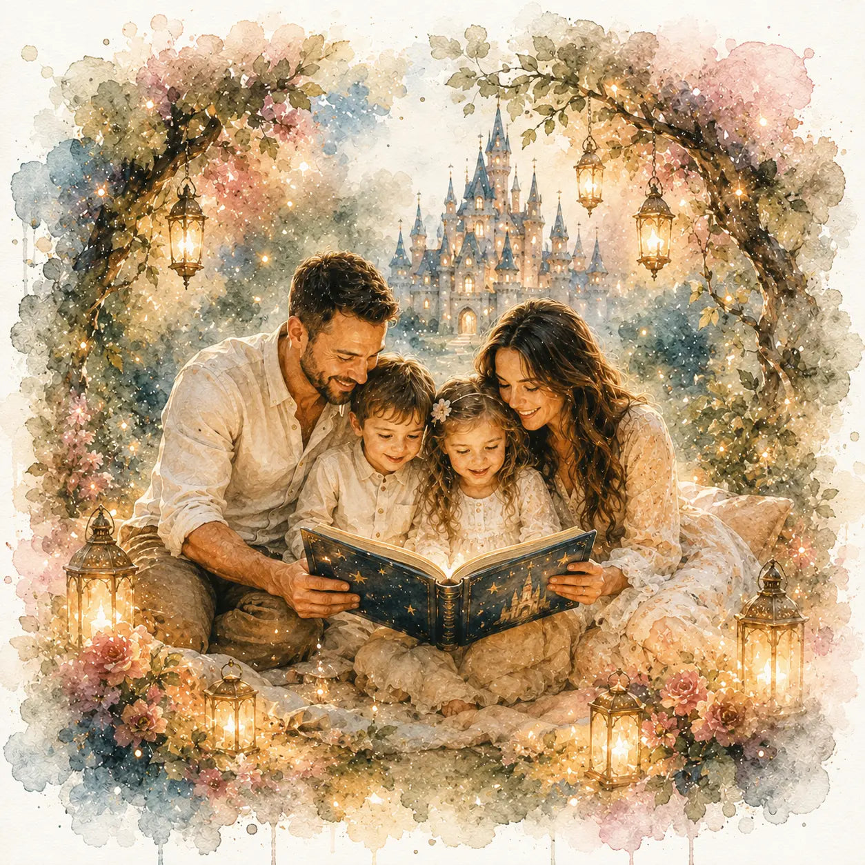 Magical Storybook Family Portrait from Photo Personalised Fairytale Watercolour Artwork