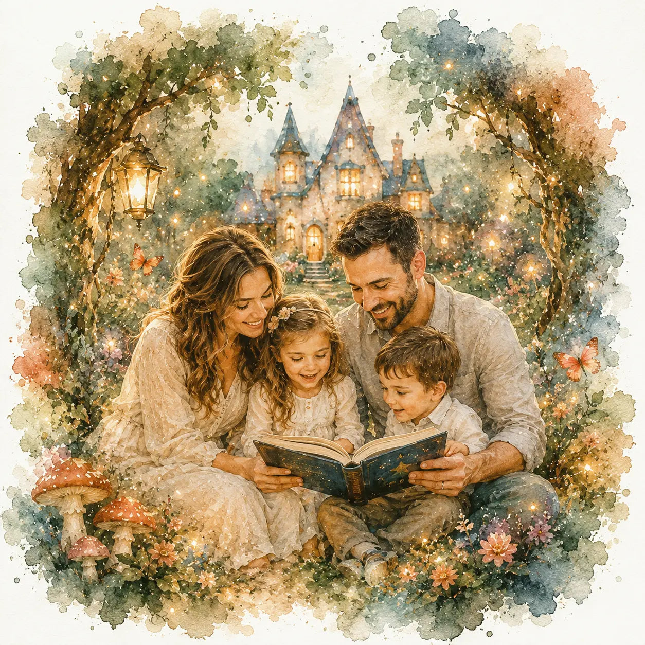Magical Storybook Family Portrait from Photo Personalised Fairytale Watercolour Artwork