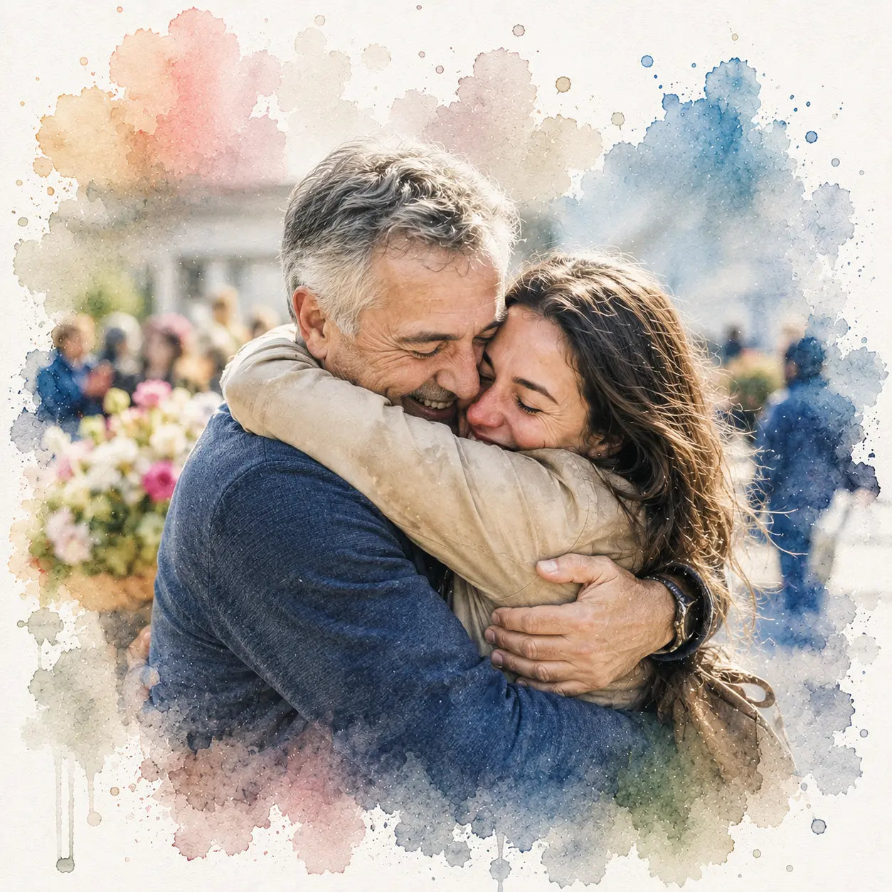 Emotional Reunion Portrait from Photo Personalised Watercolour Family Keepsake