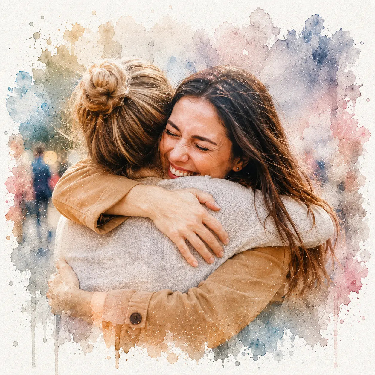 Emotional Reunion Portrait from Photo Personalised Watercolour Family Keepsake