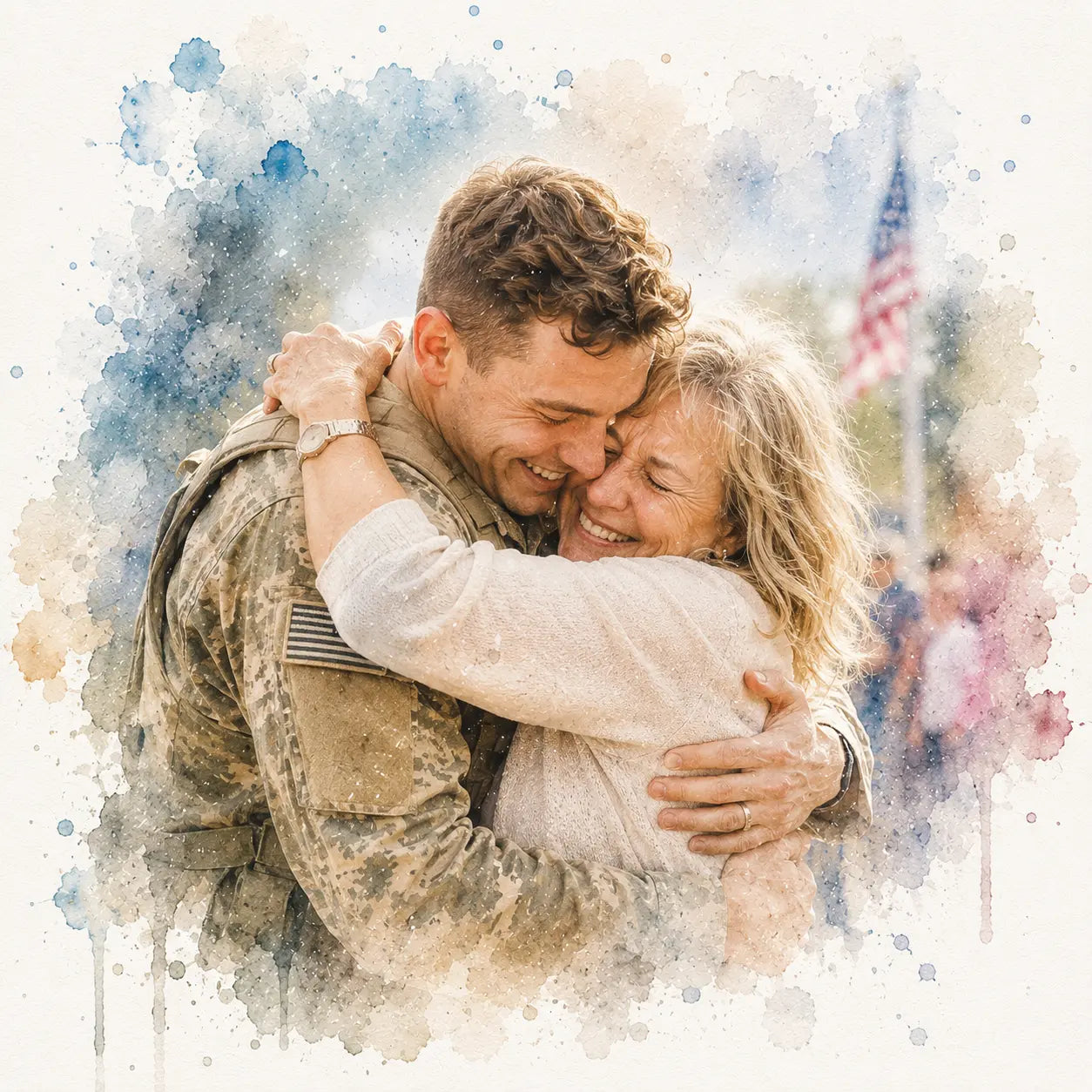 Emotional Reunion Portrait from Photo Personalised Watercolour Family Keepsake