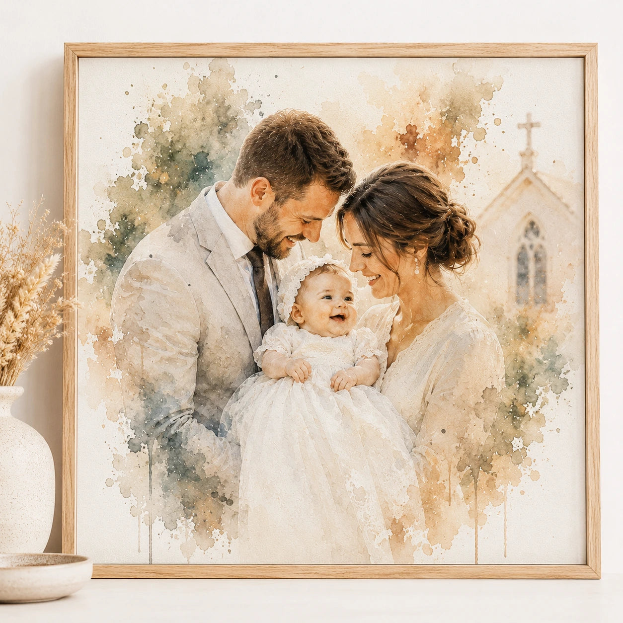 Custom Christening Portrait from Photo Personalised Baptism Watercolour Baby Gift