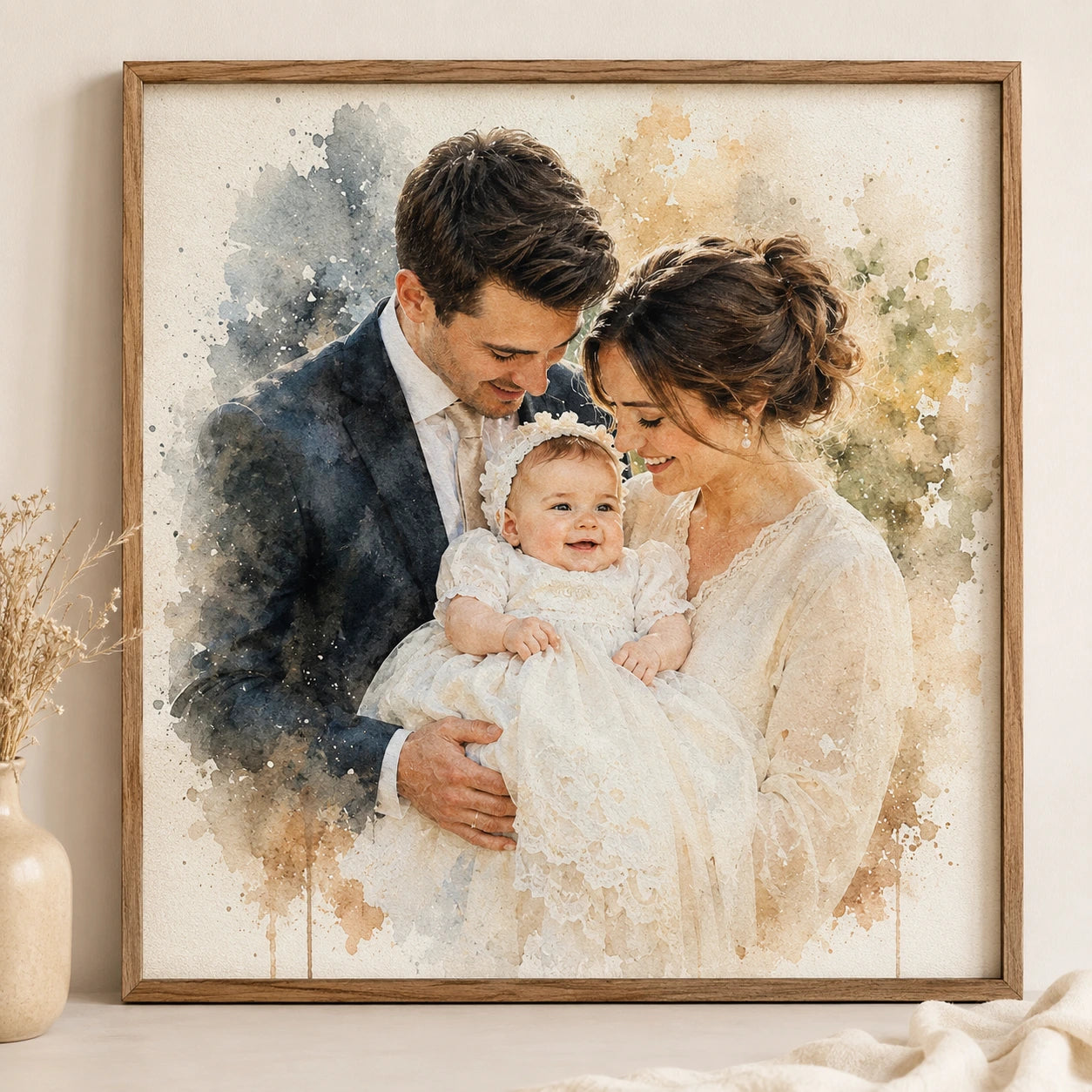 Custom Christening Portrait from Photo Personalised Baptism Watercolour Baby Gift