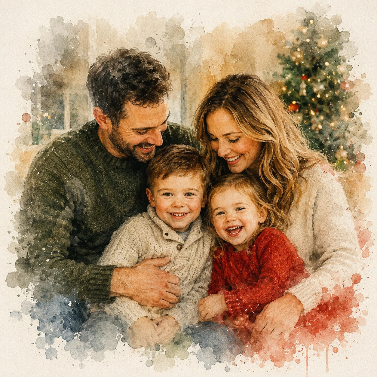 Christmas Family Watercolour Portrait from Photo Personalised Family Holiday Artwork Gift