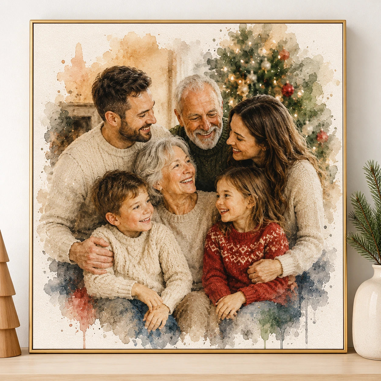 Christmas Family Watercolour Portrait from Photo Personalised Family Holiday Artwork Gift