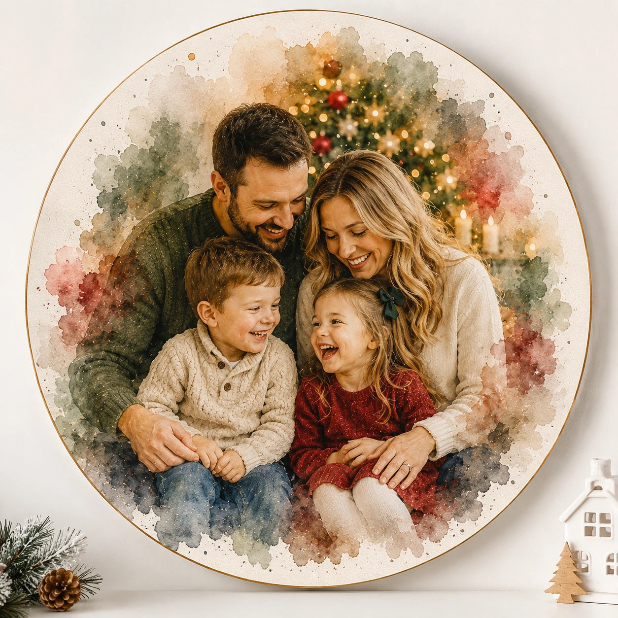 Christmas Family Watercolour Portrait from Photo Personalised Family Holiday Artwork Gift