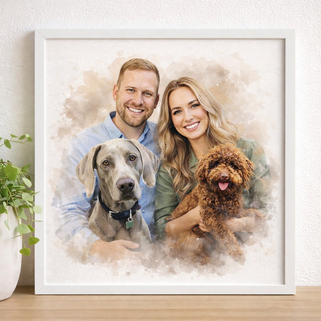 Combine Family & Pets Into One Watercolour Portrait – Custom Family and Pet Portrait from Photo