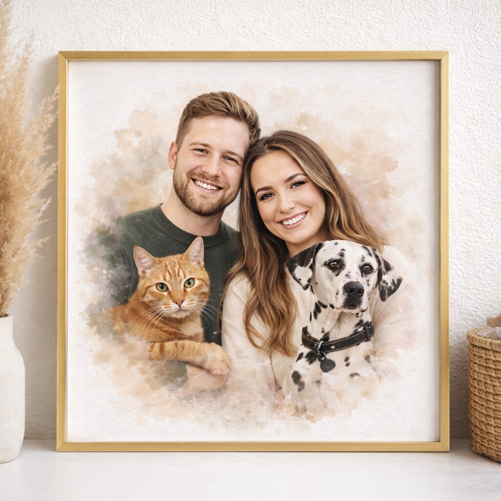 Combine Family & Pets Into One Watercolour Portrait – Custom Family and Pet Portrait from Photo