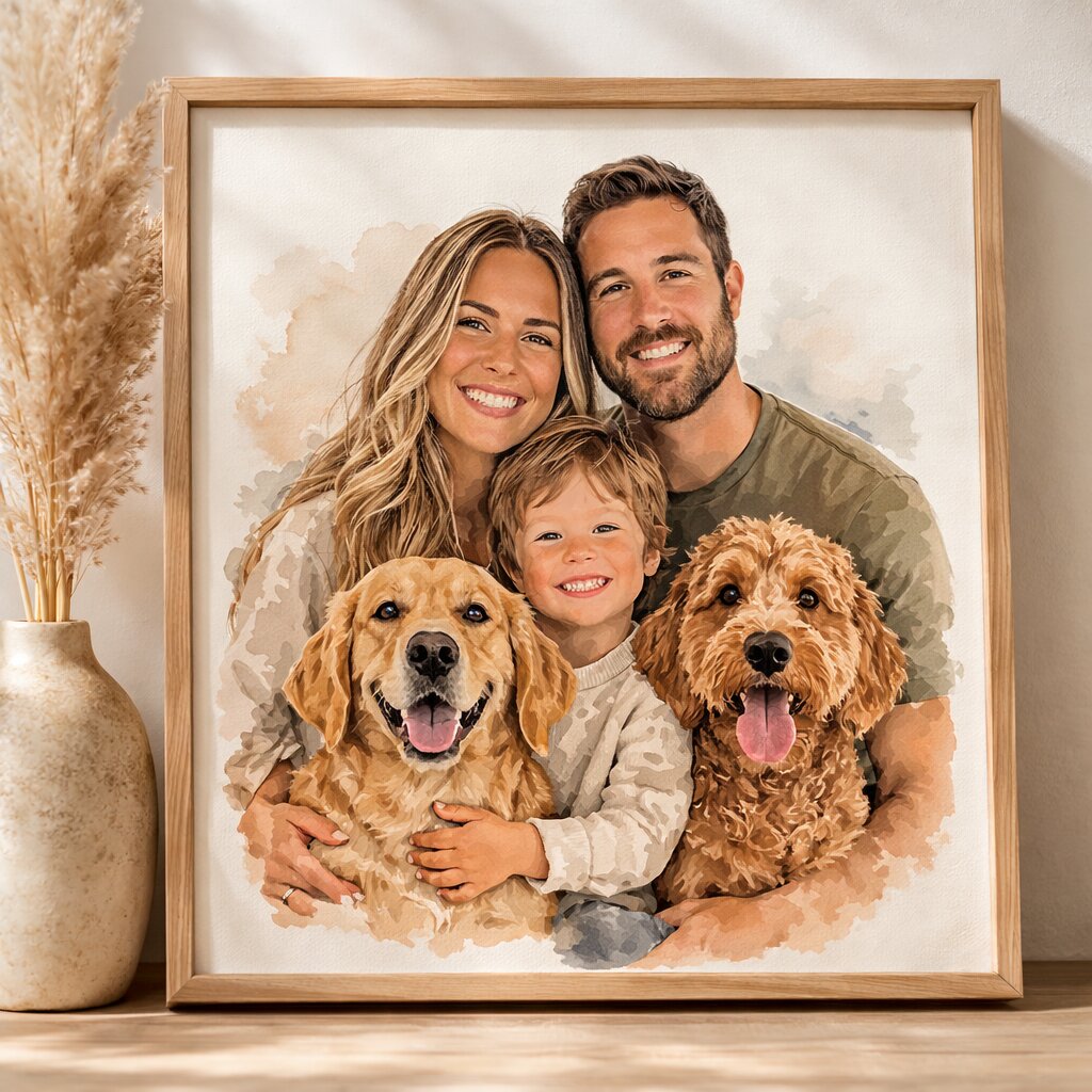 Combine Family & Pets Into One Watercolour Portrait – Custom Family and Pet Portrait from Photo