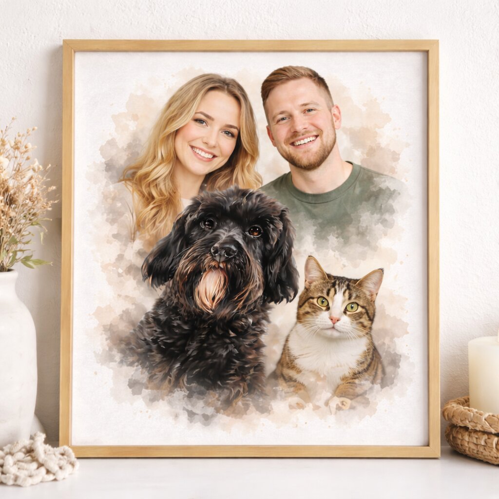 Combine Family & Pets Into One Watercolour Portrait – Custom Family and Pet Portrait from Photo