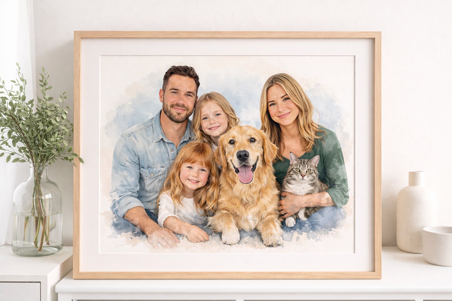 Combine Family & Pets Into One Watercolour Portrait – Custom Family and Pet Portrait from Photo