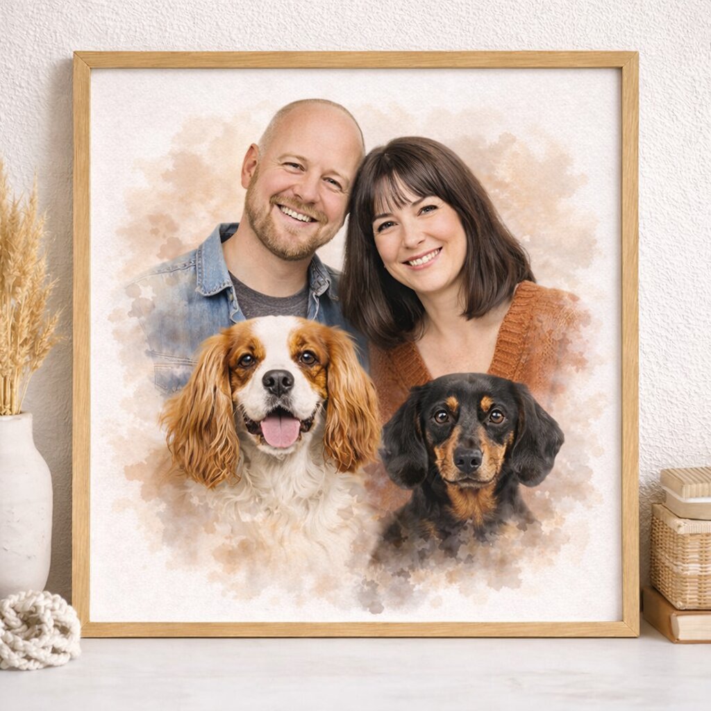 Combine Family & Pets Into One Watercolour Portrait – Custom Family and Pet Portrait from Photo