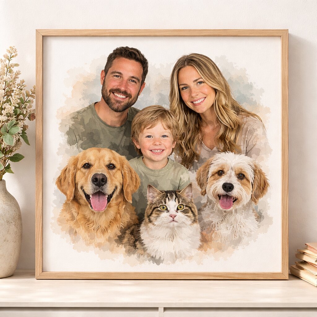 Combine Family & Pets Into One Watercolour Portrait – Custom Family and Pet Portrait from Photo