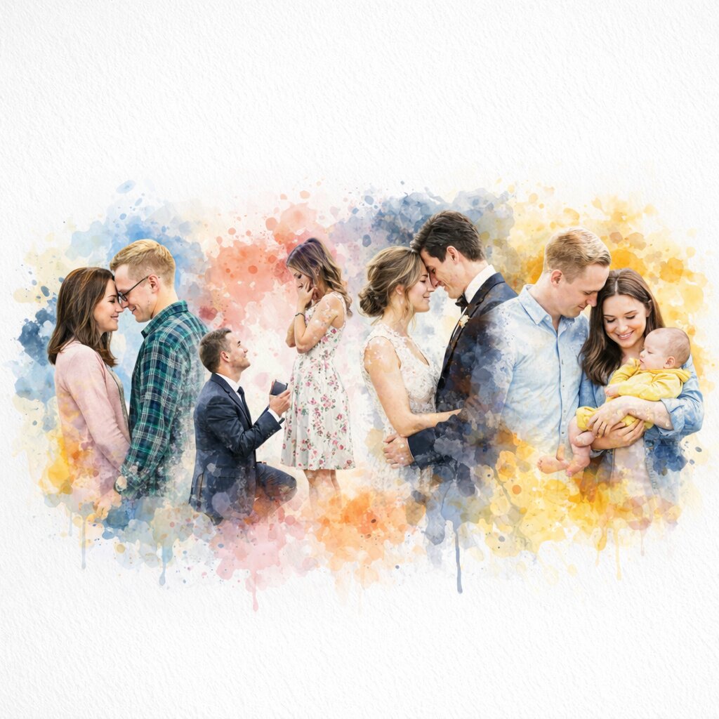 Relationship Timeline Portrait – Custom Couple Watercolour Artwork Showing Your Love Story