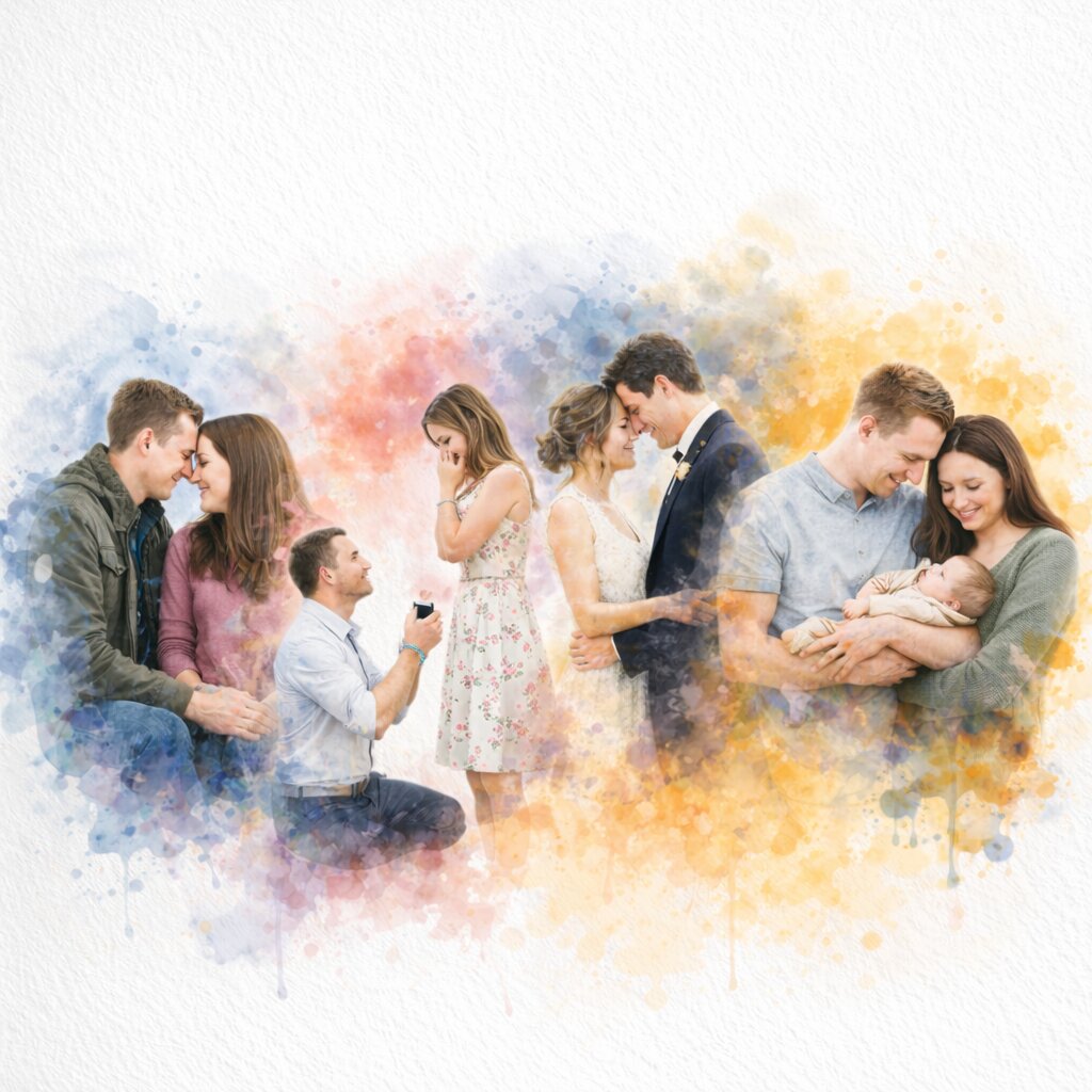 Relationship Timeline Portrait – Custom Couple Watercolour Artwork Showing Your Love Story
