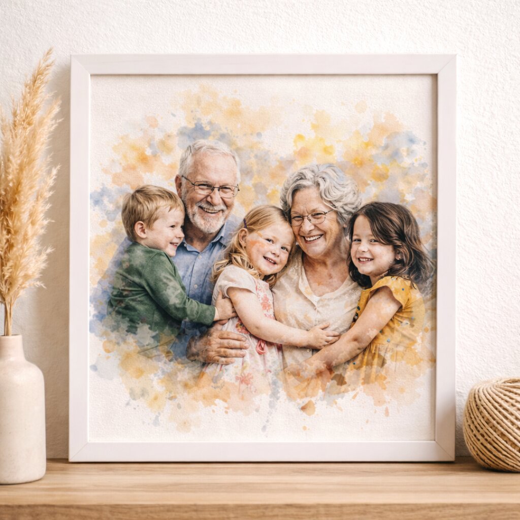 Generations Family Portrait Illustration – Custom Grandparents, Parents and Children Watercolour Family Artwork