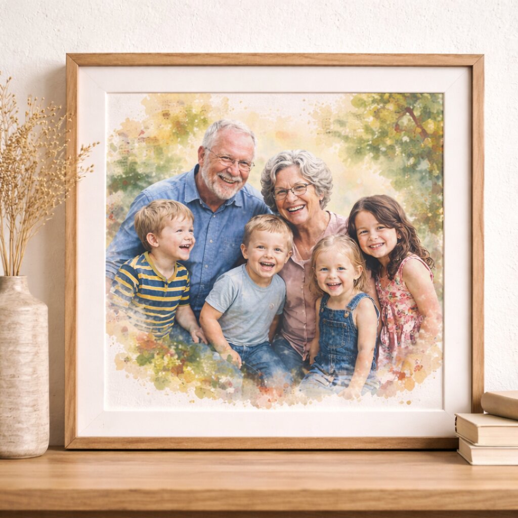 Generations Family Portrait Illustration – Custom Grandparents, Parents and Children Watercolour Family Artwork