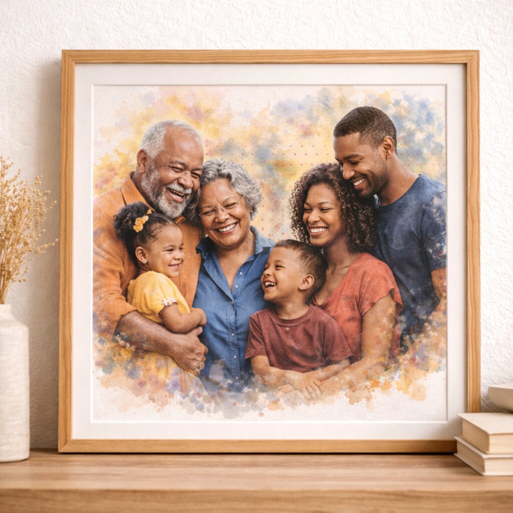 Generations Family Portrait Illustration – Custom Grandparents, Parents and Children Watercolour Family Artwork
