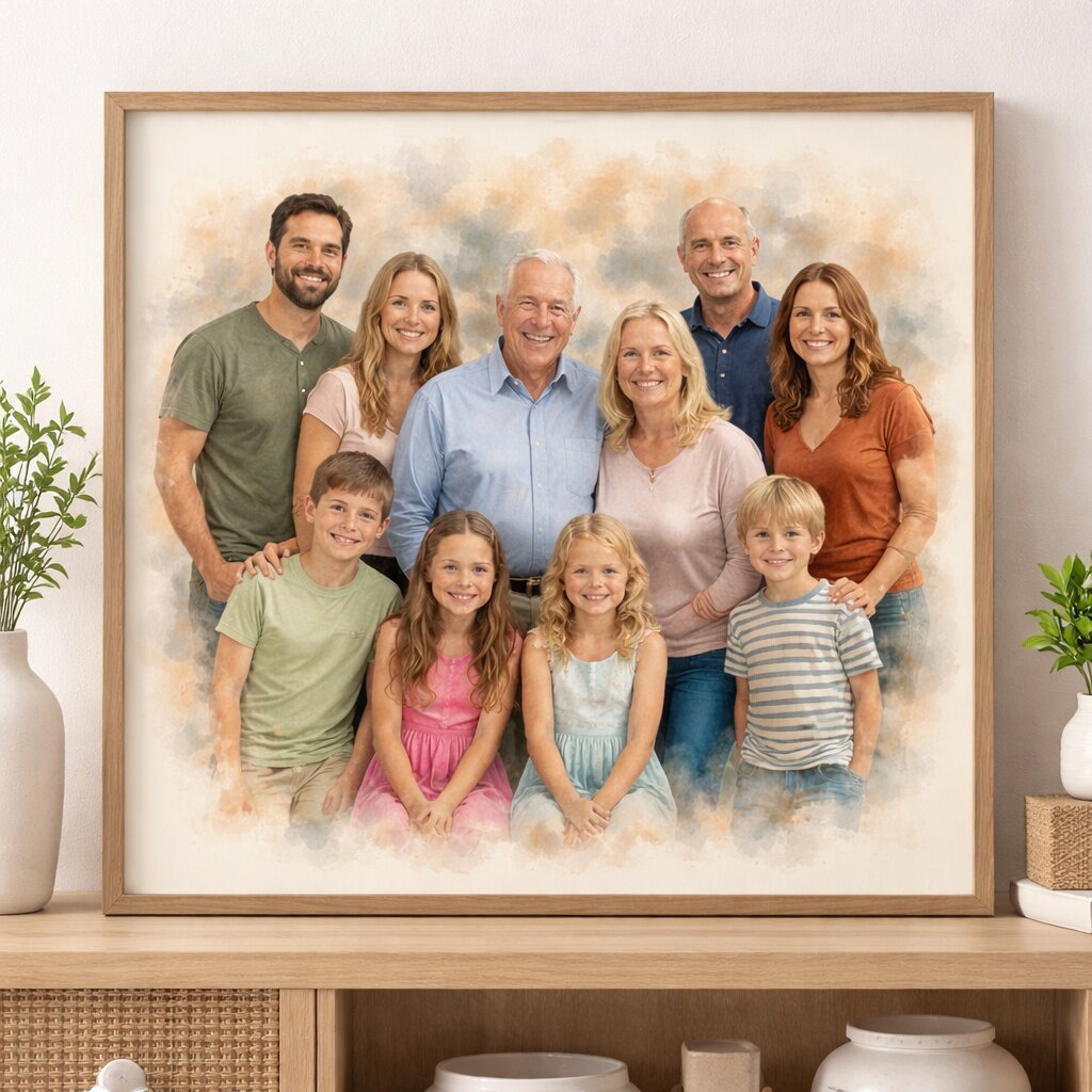 Blended Family Custom Portrait – Personalised Watercolour Family Artwork from Photo, Step Family Portrait Gift