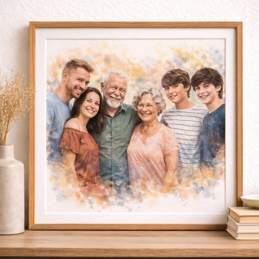 Blended Family Custom Portrait – Personalised Watercolour Family Artwork from Photo, Step Family Portrait Gift