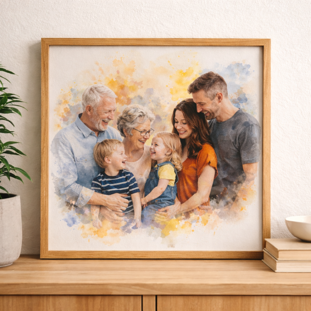 Blended Family Custom Portrait – Personalised Watercolour Family Artwork from Photo, Step Family Portrait Gift
