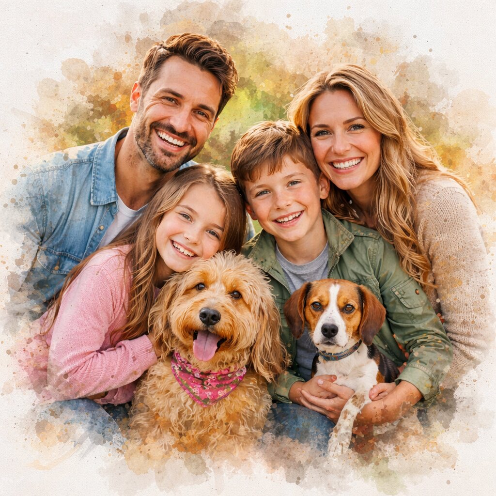 Family + Pets Watercolour Portrait – Custom Family and Pet Portrait from Photo
