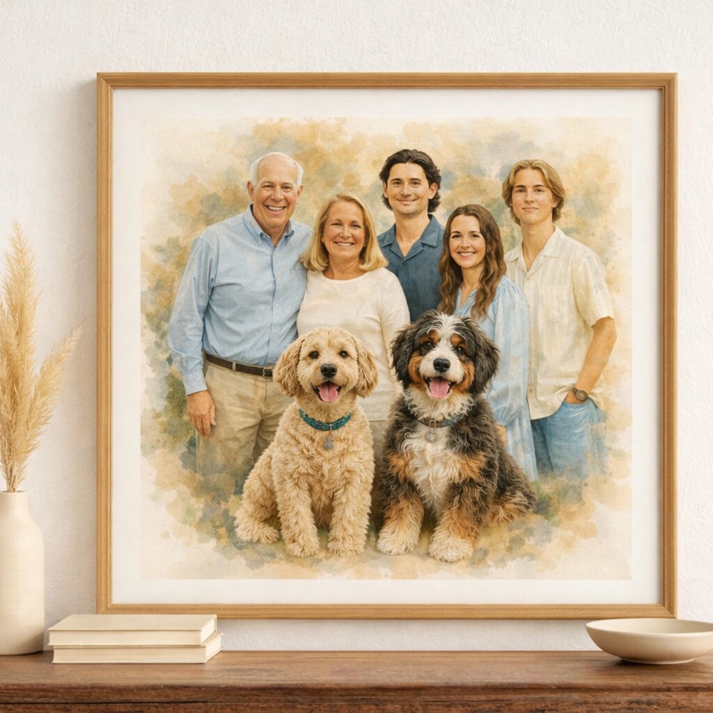 Family + Pets Watercolour Portrait – Custom Family and Pet Portrait from Photo