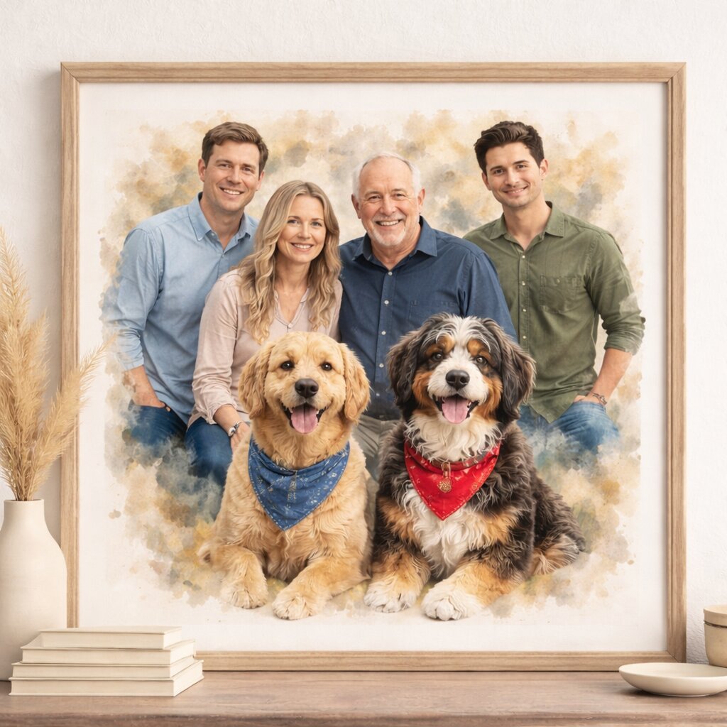Family + Pets Watercolour Portrait – Custom Family and Pet Portrait from Photo
