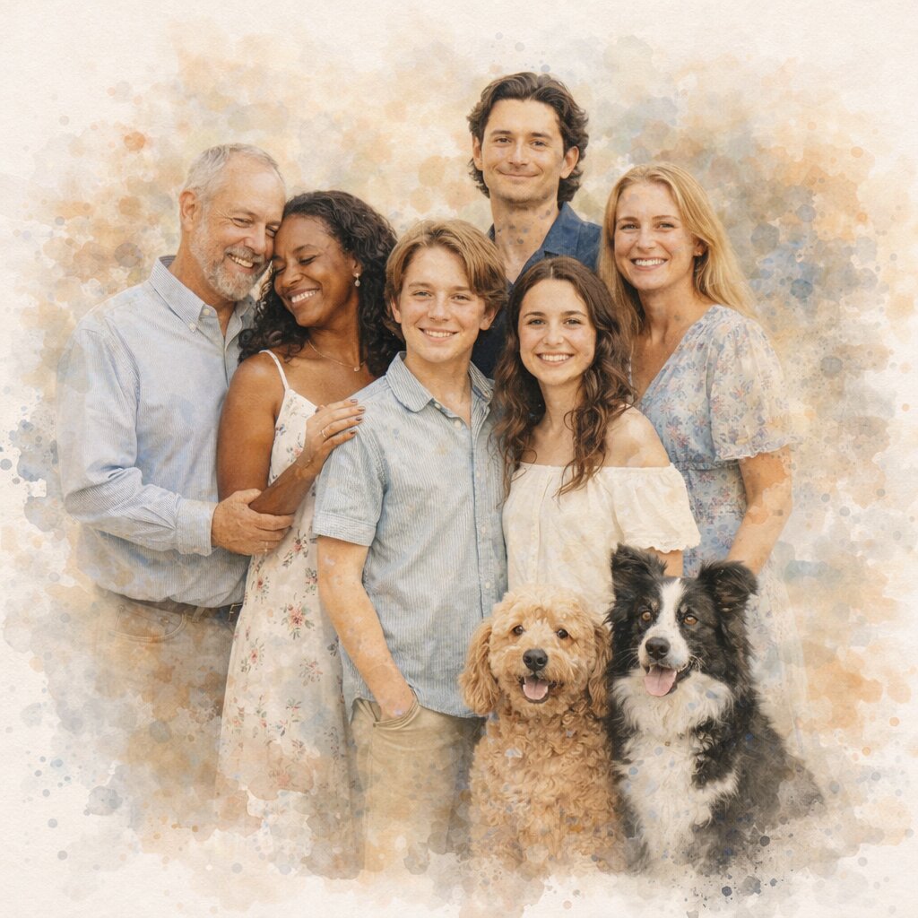 Blended Family Custom Portrait – Personalised Watercolour Family Artwork from Photo, Step Family Portrait Gift