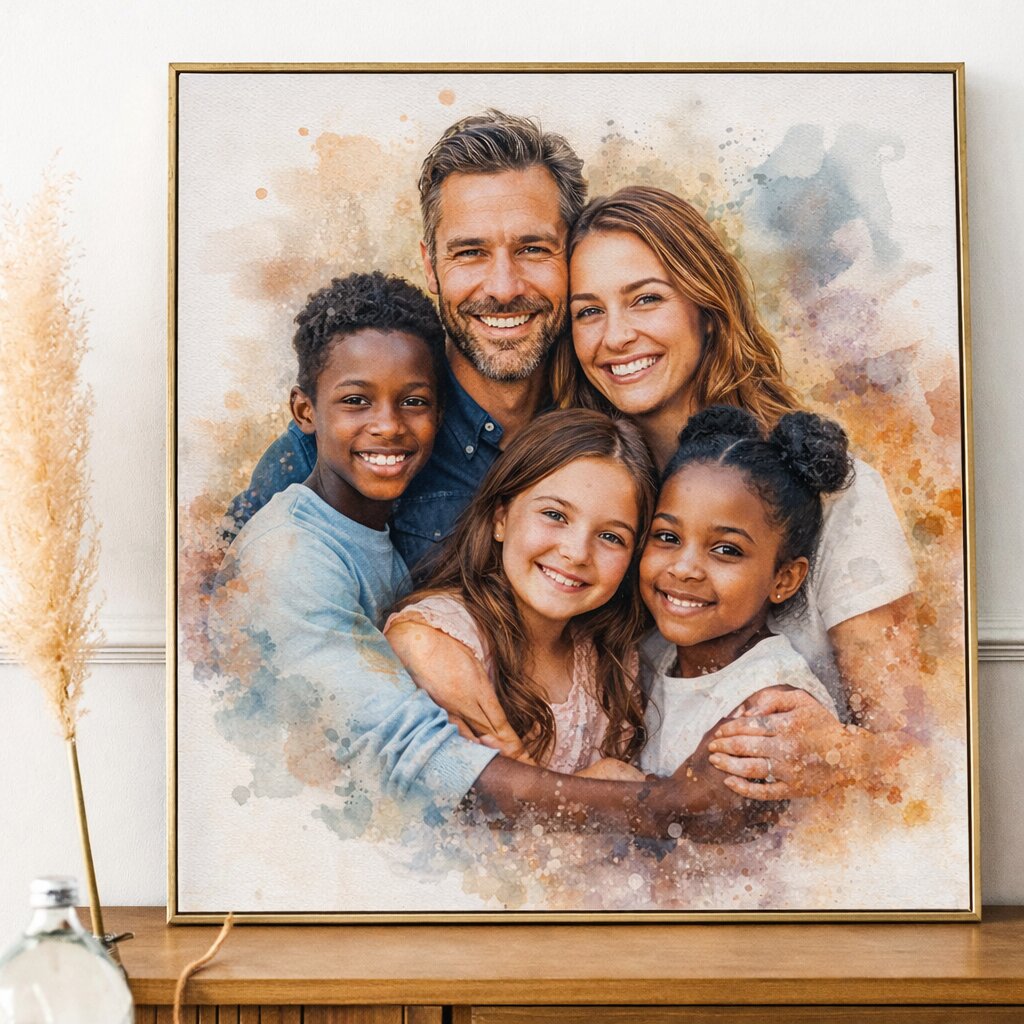 Blended Family Custom Portrait – Personalised Watercolour Family Artwork from Photo, Step Family Portrait Gift