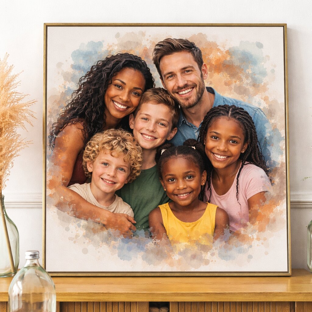 Blended Family Custom Portrait – Personalised Watercolour Family Artwork from Photo, Step Family Portrait Gift
