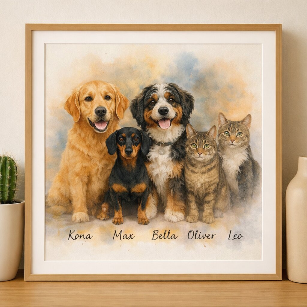 Pet Family Portrait – All Pets Together in One Custom Watercolour Artwork
