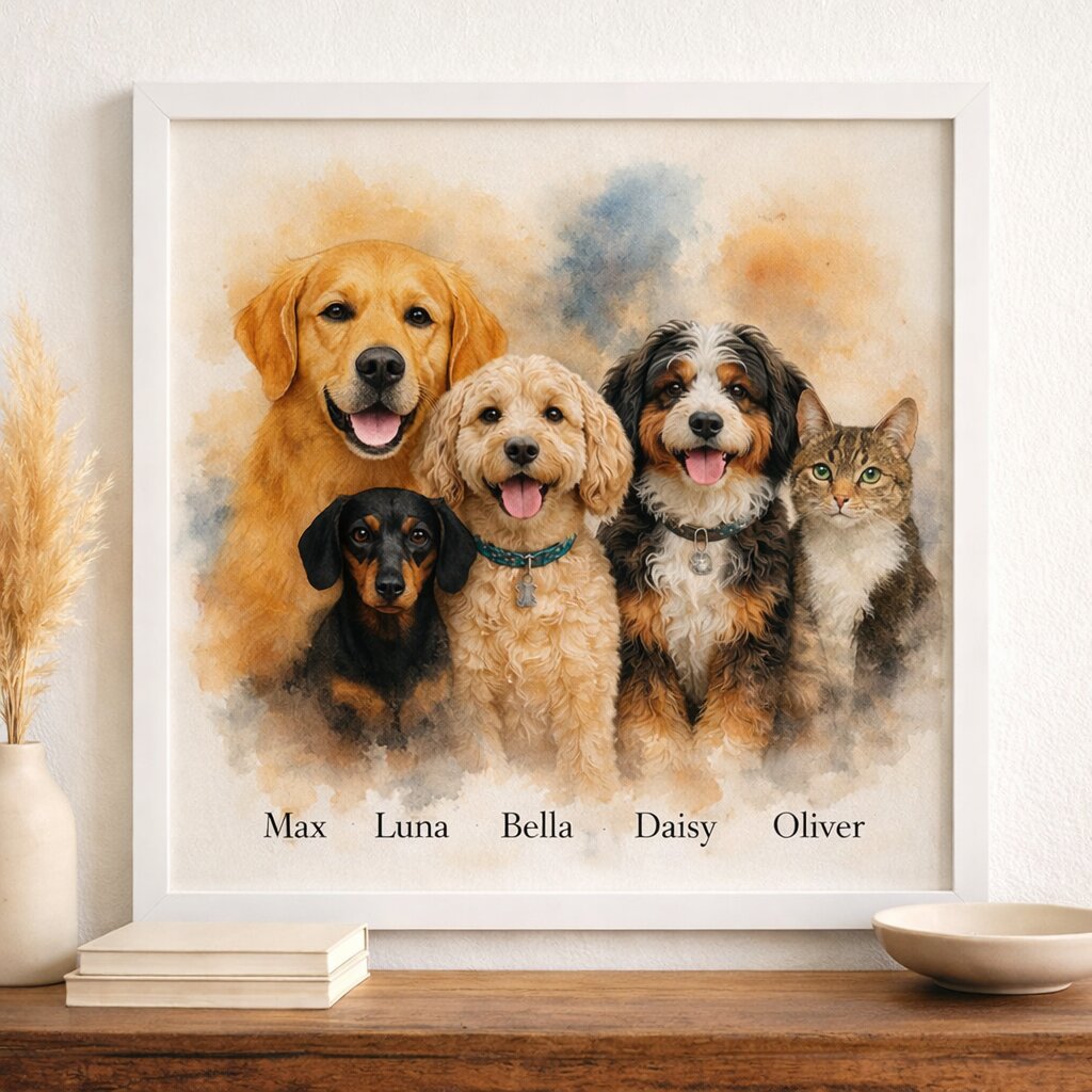 Pet Family Portrait – All Pets Together in One Custom Watercolour Artwork