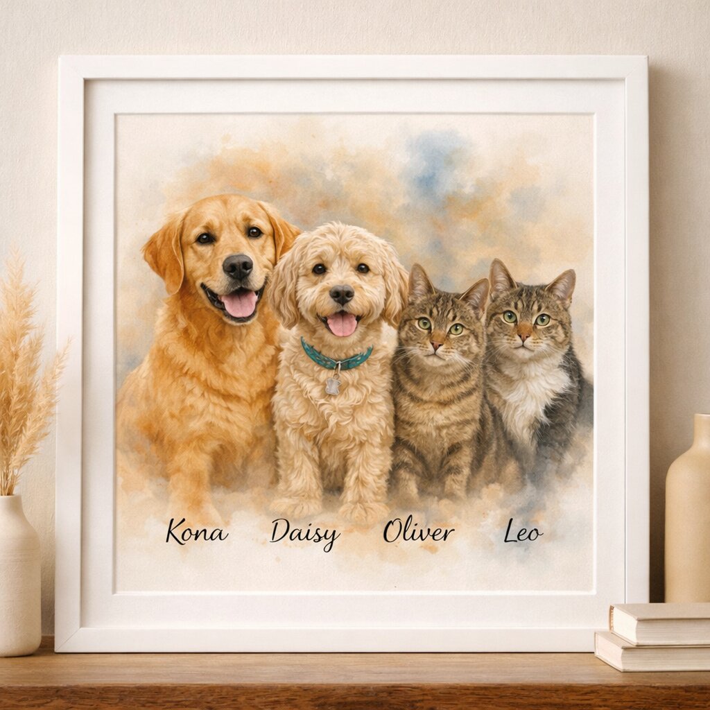 Pet Family Portrait – All Pets Together in One Custom Watercolour Artwork