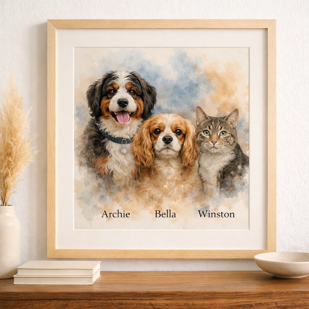 Pet Family Portrait – All Pets Together in One Custom Watercolour Artwork